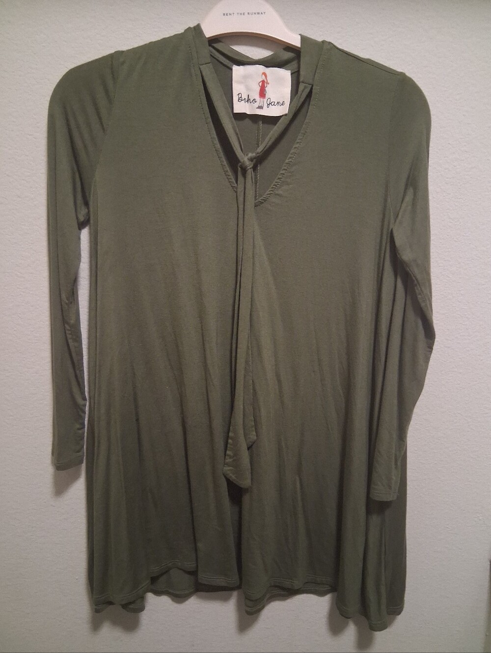 Boho Jane Olive Green Long Sleeve Tie-Neck Tunic